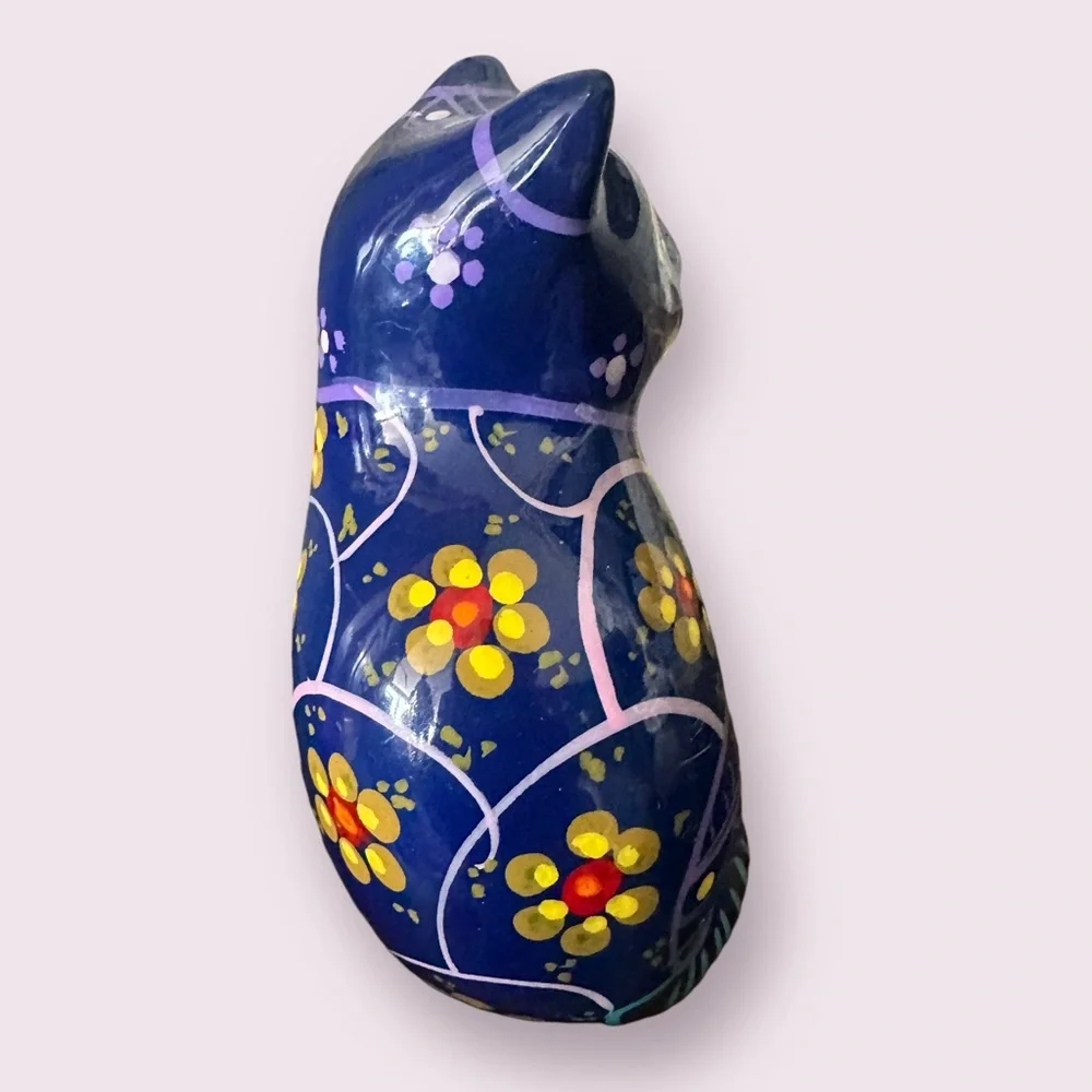 Vintage Hand Painted Ceramic Mexican Folk Art Talavera Cat Figurine With Flowers - Picture 8 of 13
